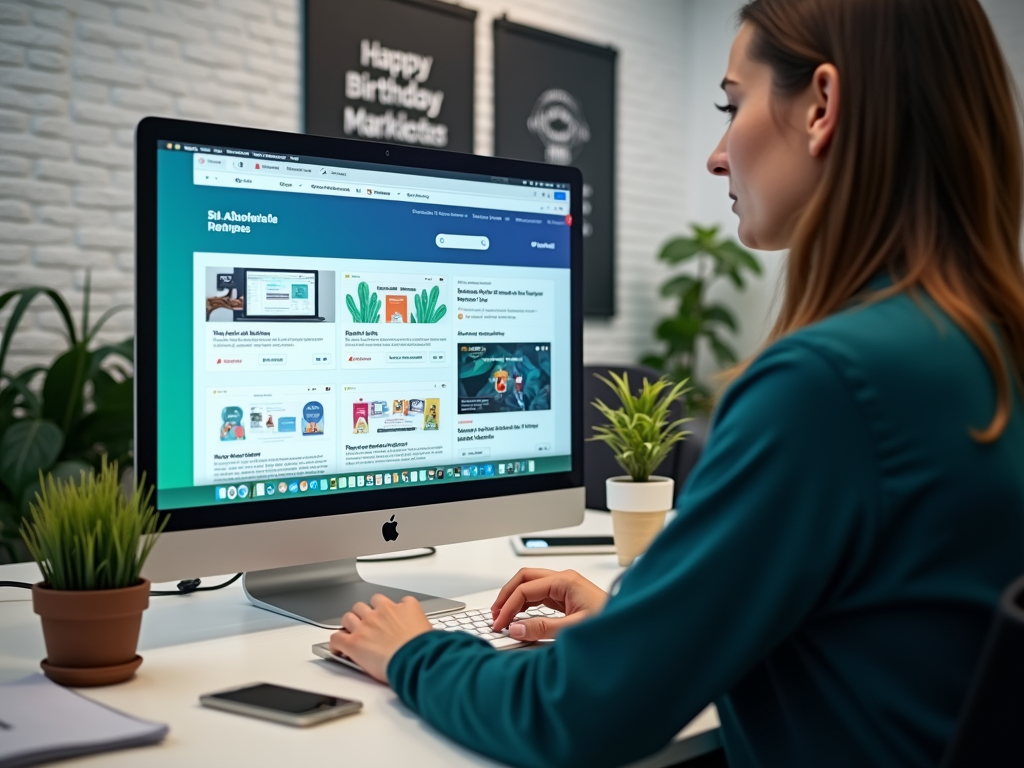 Женщина в зелёном свитере работает за компьютером Apple в офисе.