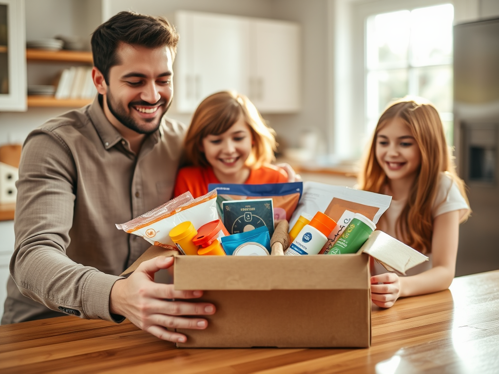 На изображении мужчина и две девочки открывают коробку с продуктами в уютной кухне. Все улыбаются.