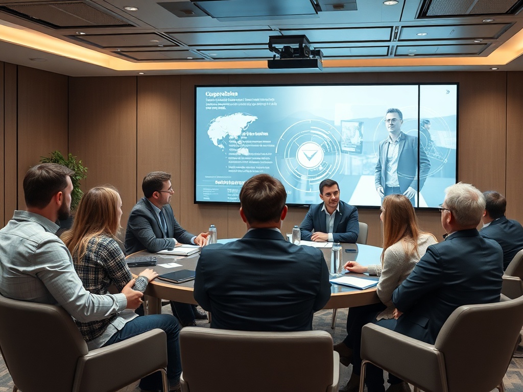 В конференц-зале группа людей обсуждает проект, на экране презентация с графиками и иллюстрациями.