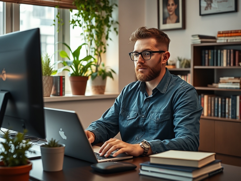 Мужчина в очках работает за компьютером в уютном кабинете, окружённом зеленью и книгами.