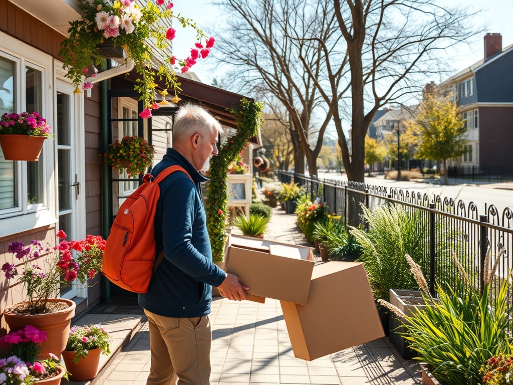 Мужчина с рюкзаком несет коробки вдоль цветущей улицы в солнечную погоду.