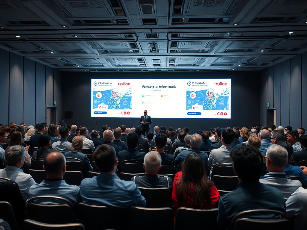 На конференции выступает оратор перед большой аудиторией, на экране — презентация.