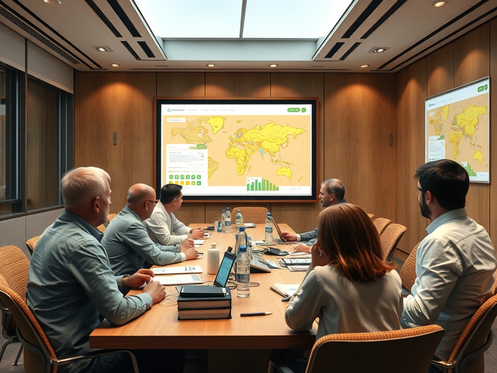 В конференц-зале группа людей обсуждает карту и данные на большом экране.