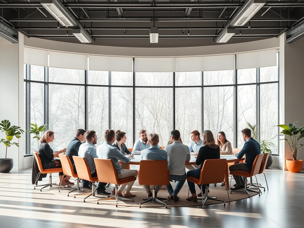 Группа людей в офисной комнате обсуждает идеи за круглым столом, окружённым окнами.