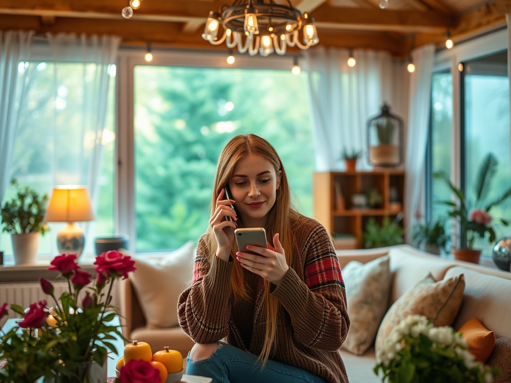 Молодая женщина с телефоном улыбаясь, сидит в уютной комнате среди цветов и растений.