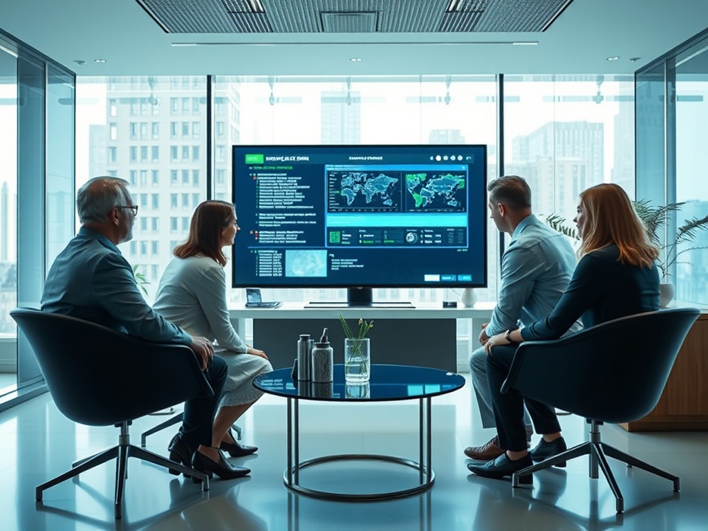 Четыре человека обсуждают данные на экране в современном офисе с большими окнами.