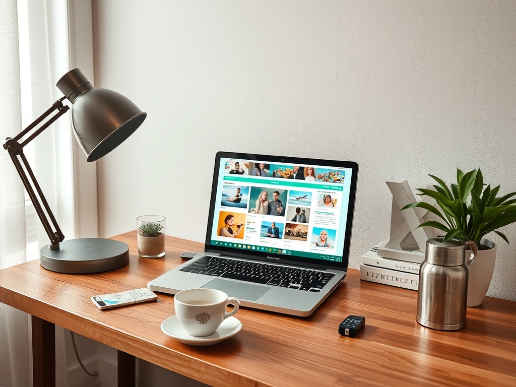Стол с ноутбуком, настольной лампой, чашкой кофе и зелёным растением. Светлое, уютное офисное пространство.