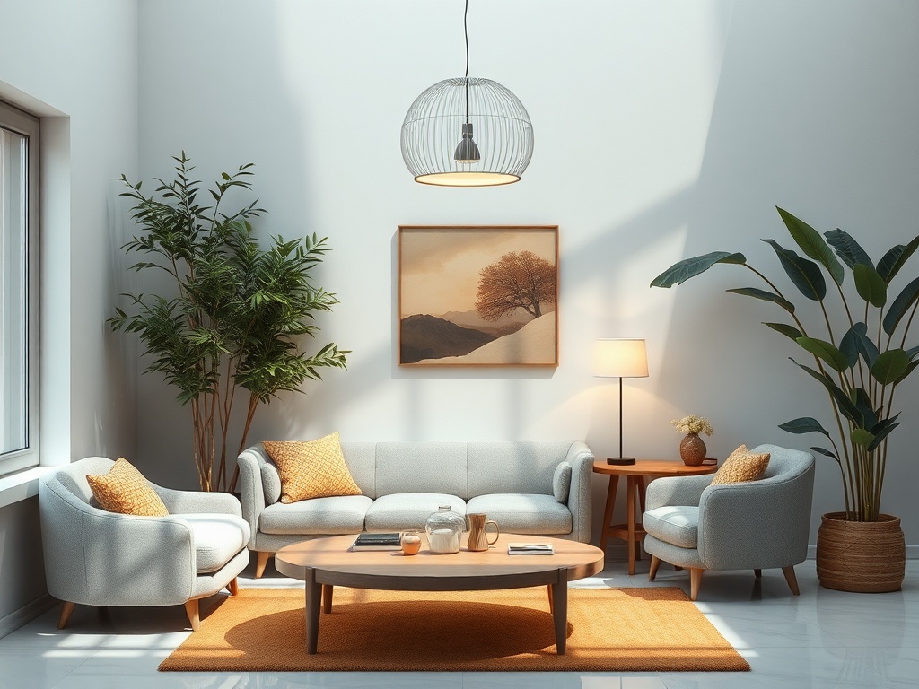 Светлая гостиная с уютной мебелью, растениями и картиной на стене. Теплая атмосфера и современный стиль.
