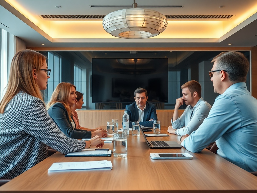 Группа людей за столом на деловой встрече, обсуждающих важные вопросы в офисной обстановке.